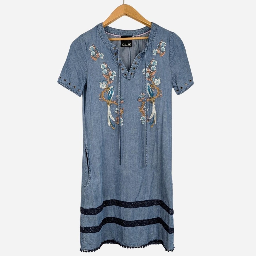 Nanette Lepore Chambray Embroidered Bird Tie Front Dress Pockets XS